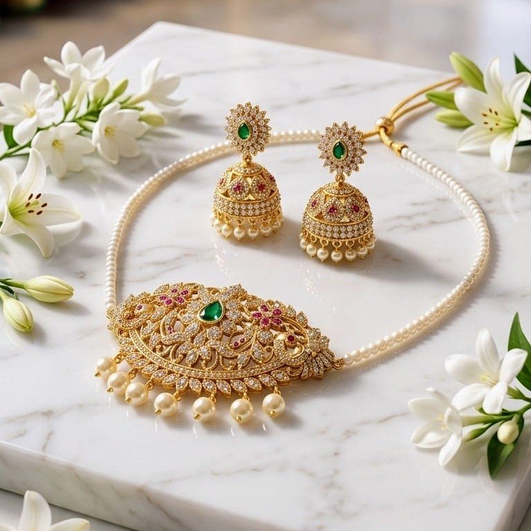 Royal Gold Pearl Choker Necklace Set - Traditional Indian Pakistani Bridal Jewelry with Emerald, Ruby & Jhumka Earrings(Replica)